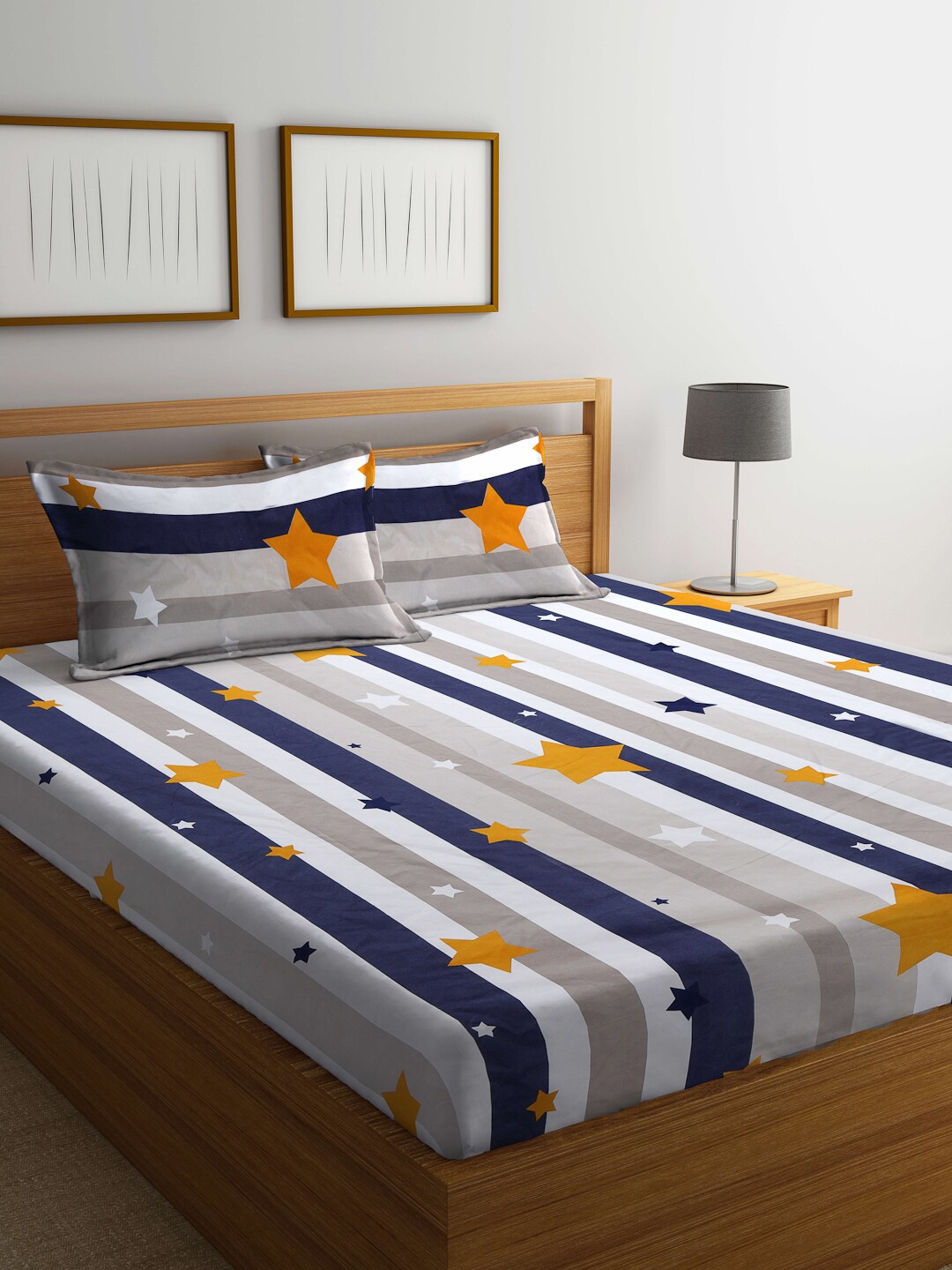 

FABINALIV White & Navy Blue Striped 300 TC Fitted King Bedsheet With 2 Pillow Covers