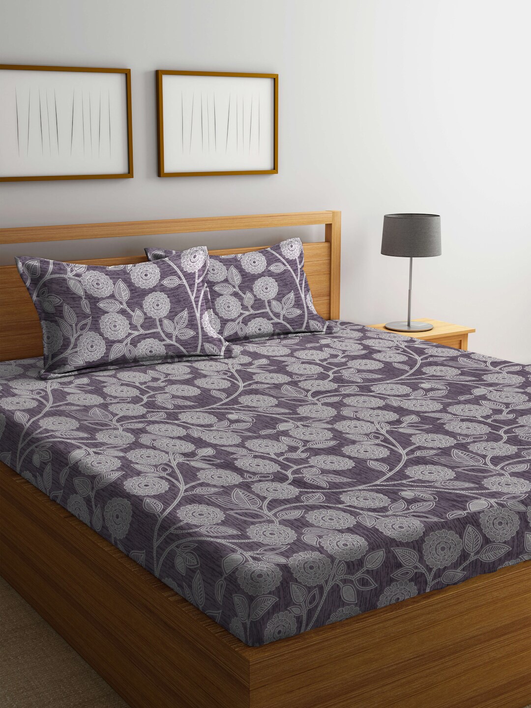 

FABINALIV Purple & White Floral 300 TC Fitted King Bedsheet With 2 Pillow Covers