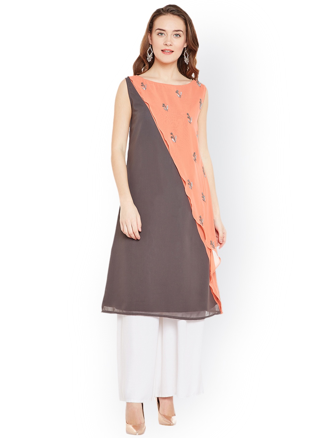 

Bitterlime Women Grey & Orange Embellished A-Line Kurta