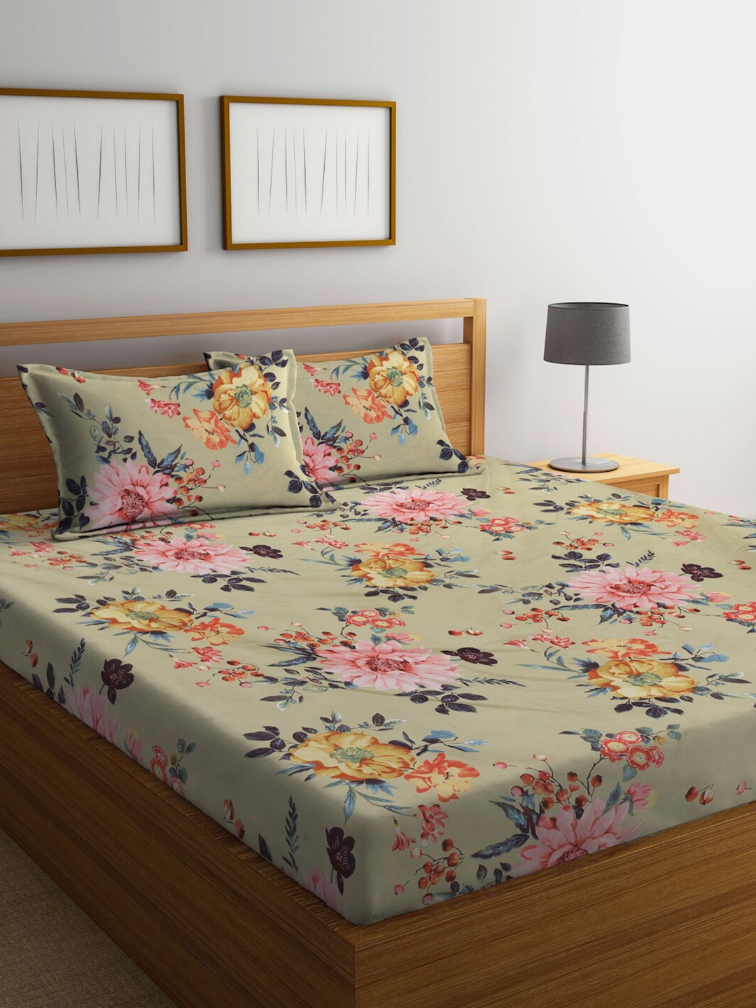 

FABINALIV Beige & Pink Floral Fitted 300 TC King Bedsheet With 2 Pillow Covers