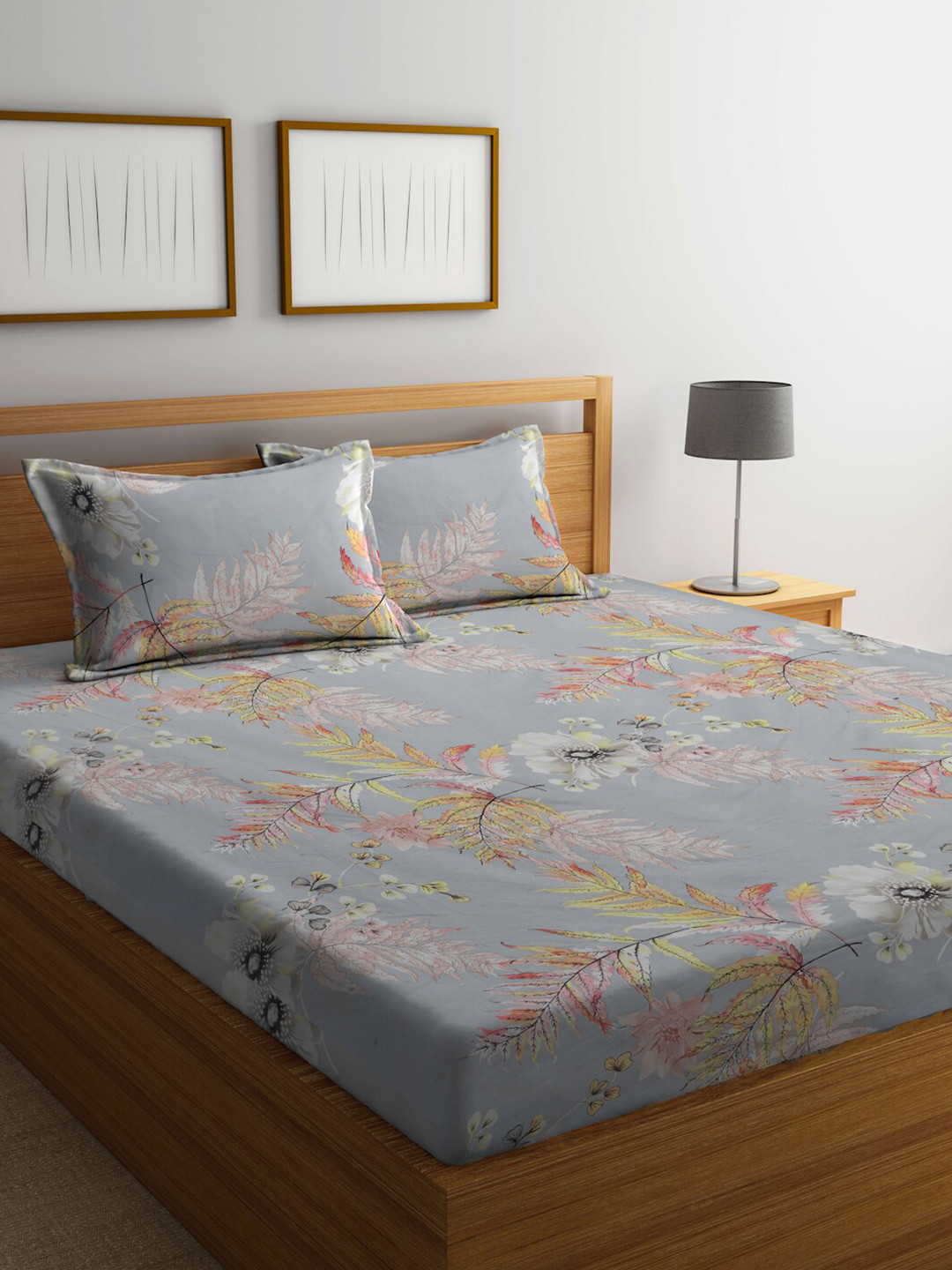

FABINALIV Grey & Green Floral Printed 300 TC Fitted King Bedsheet & 2 Pillow Covers