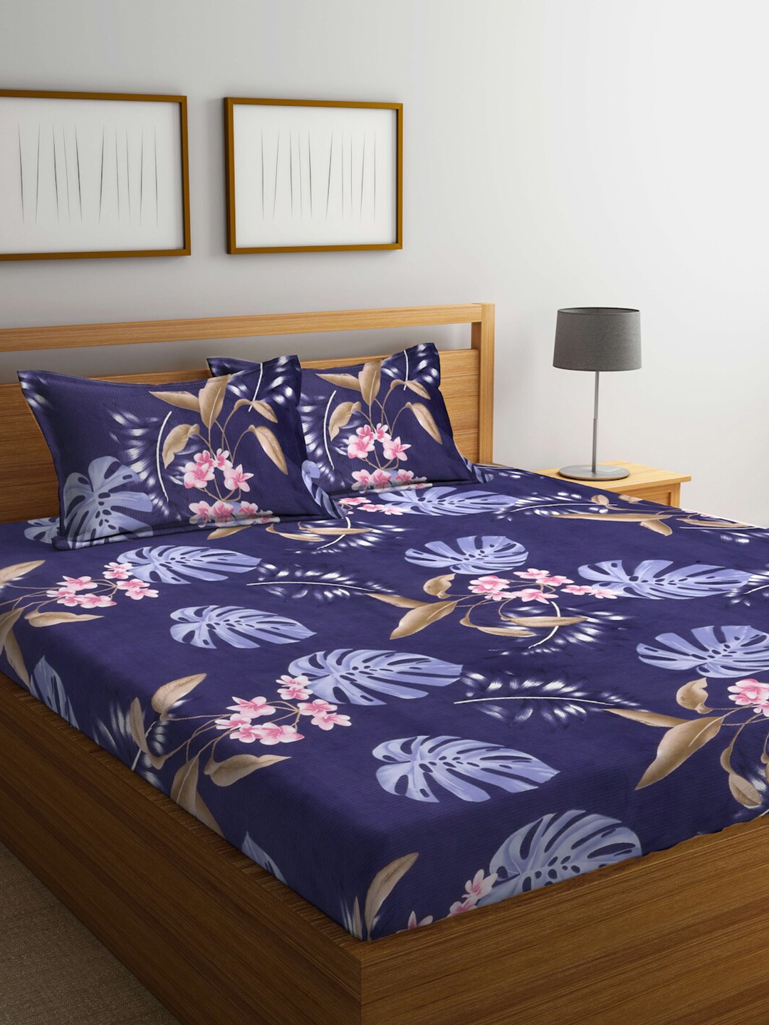 

FABINALIV Navy Blue & Blue Floral Printed 300 TC Fitted King Bedsheet & 2 Pillow Covers