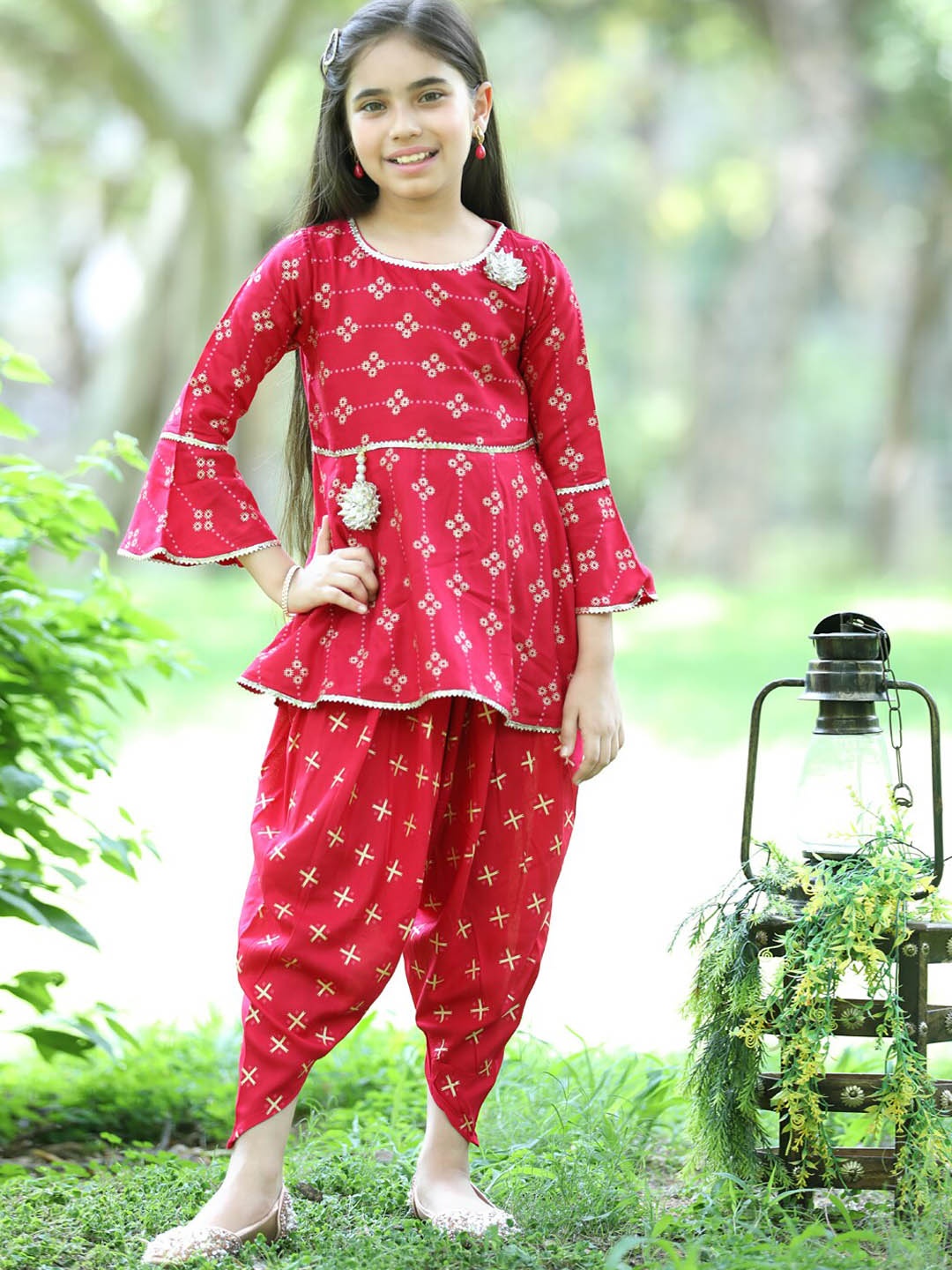 

Cutiekins Girls Ethnic Printed Bell Sleeves Gotta Patti Kurta with Dhoti Pants, Red