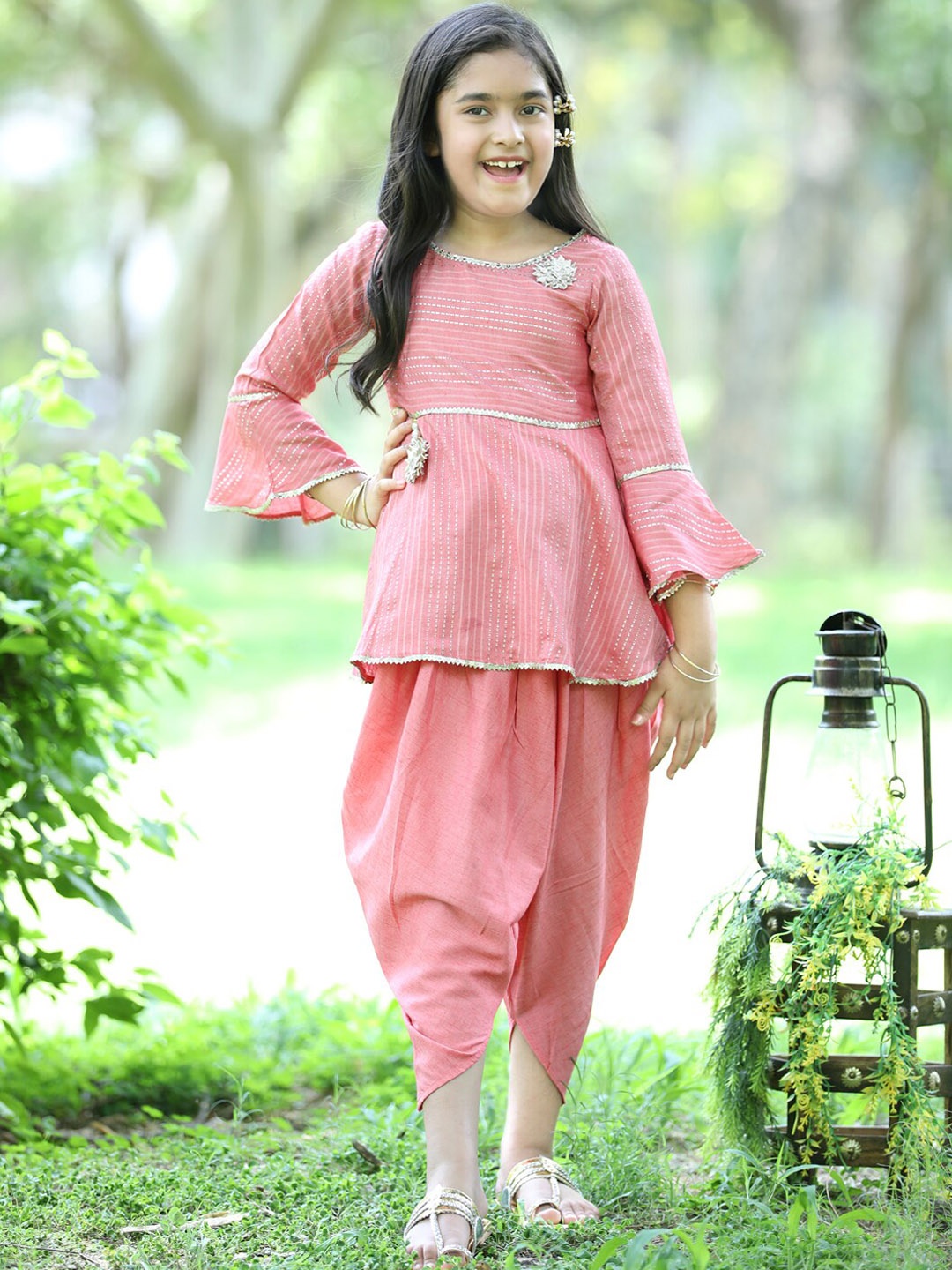 

Cutiekins Girls Striped Bell Sleeves Gotta Patti Kurti With Dhoti Pants, Peach