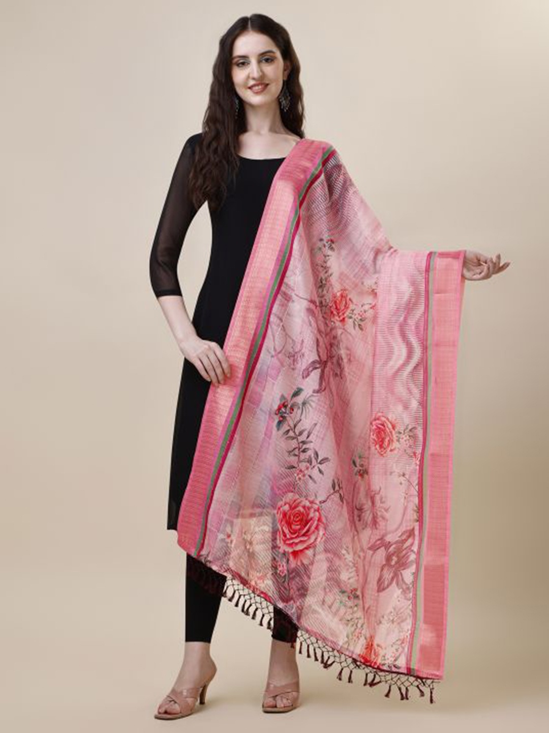 

Dori Floral Printed Sequinned Chanderi Dupatta, Pink