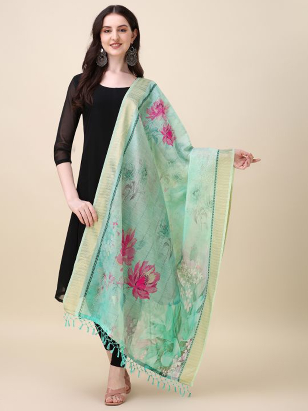 Dori Floral Printed Dupatta with Zari, Blue