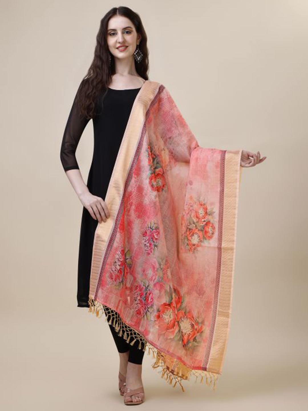

Dori Floral Printed Sequinned Chanderi Dupatta, Red