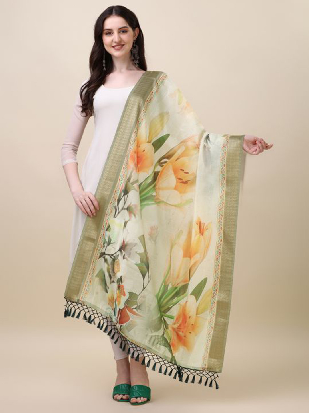 

Dori Floral Printed Zari Chanderi Dupatta, Olive