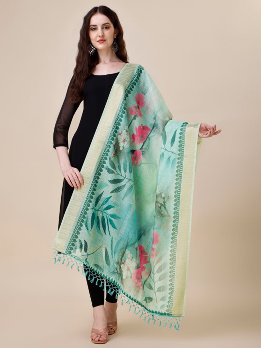 

Dori Floral Printed Sequinned Chanderi Dupatta, Green