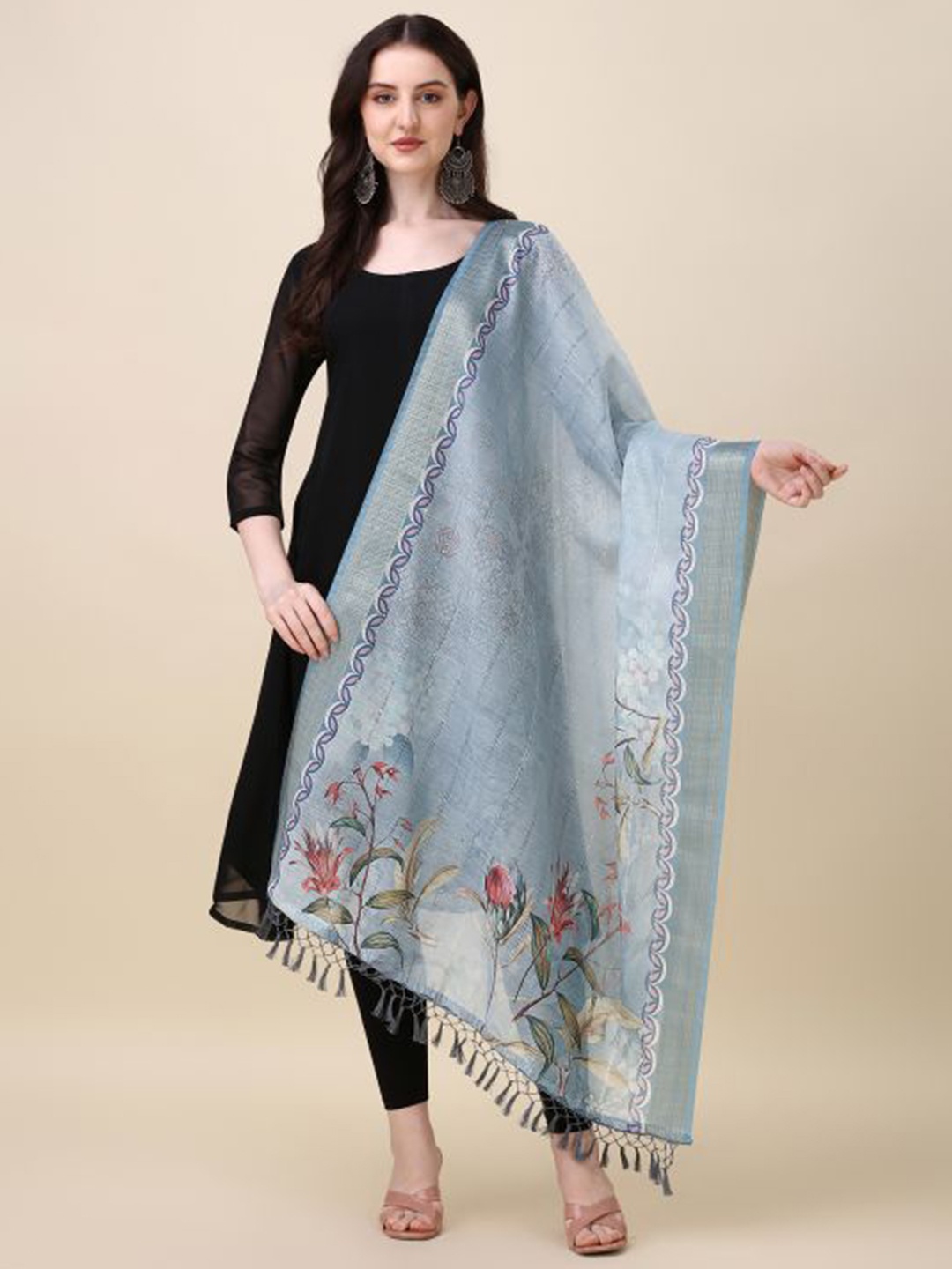 

Dori Floral Printed Sequinned Chanderi Dupatta, Grey