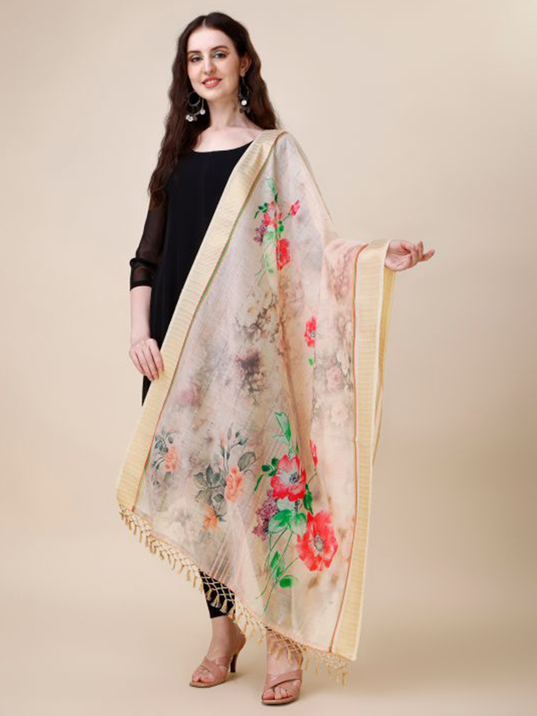 

Dori Floral Printed Sequinned Chanderi Dupatta, Beige