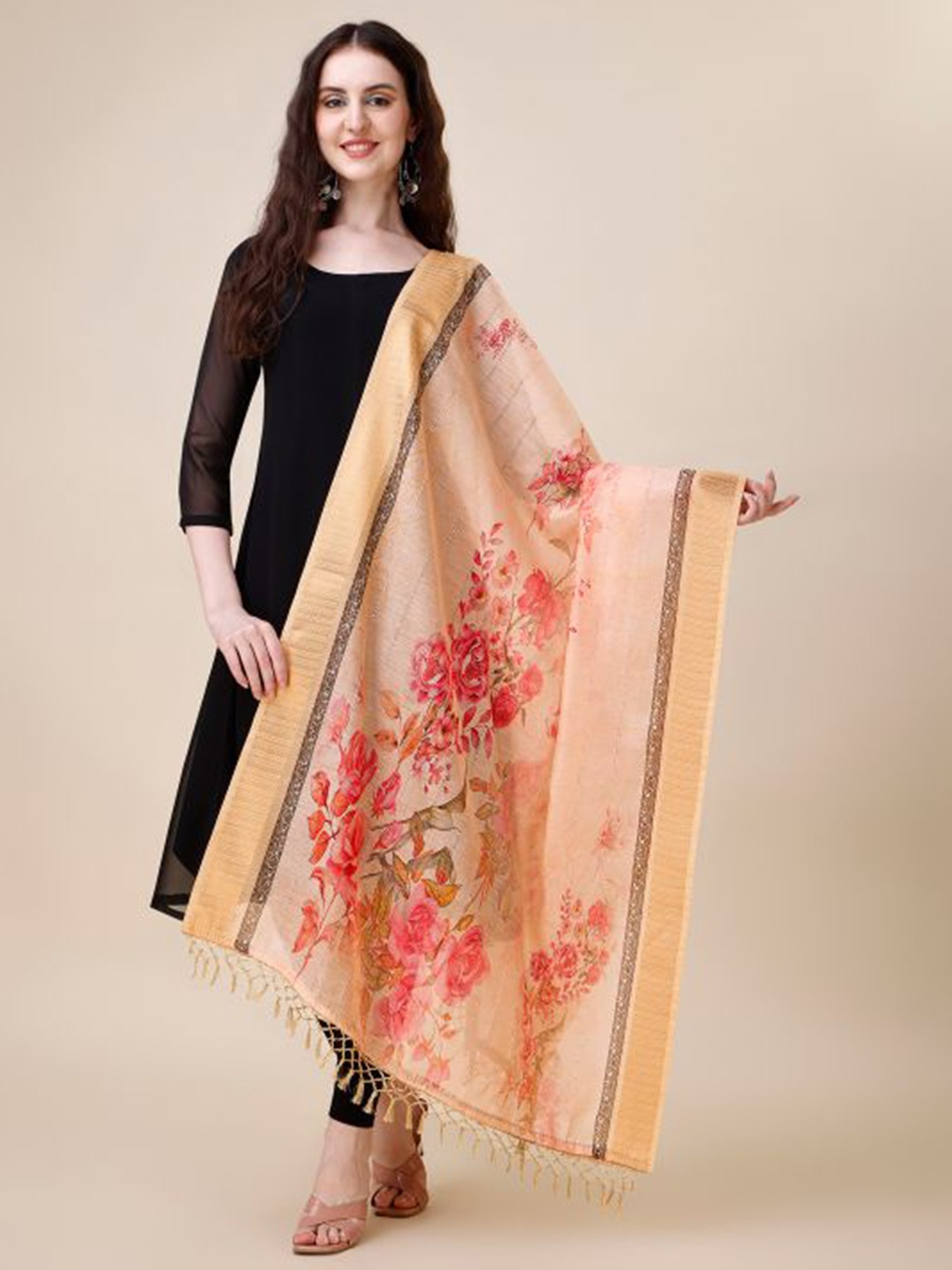 

Dori Floral Printed Sequinned Chanderi Dupatta, Peach