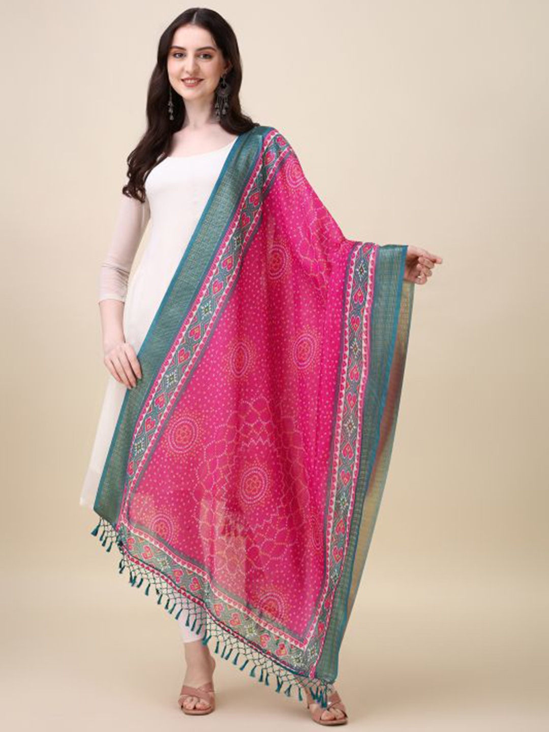 

Dori Ethnic Motifs Printed Bandhani Dupatta, Pink