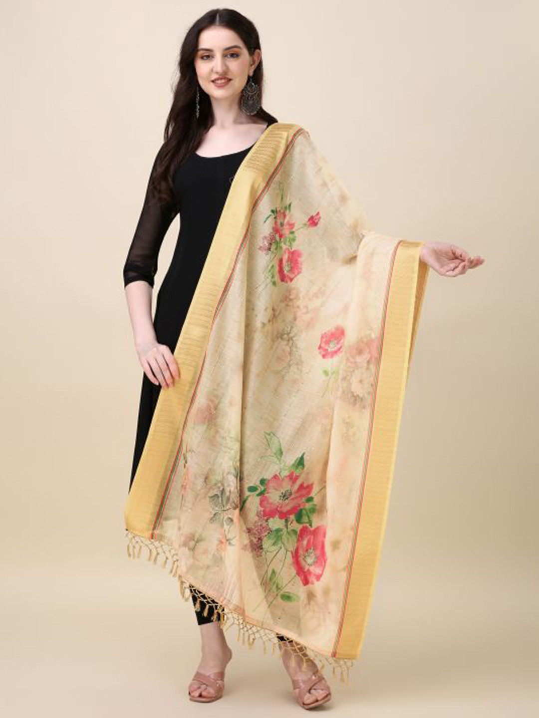

Dori Floral Printed Sequinned Chanderi Dupatta, Beige