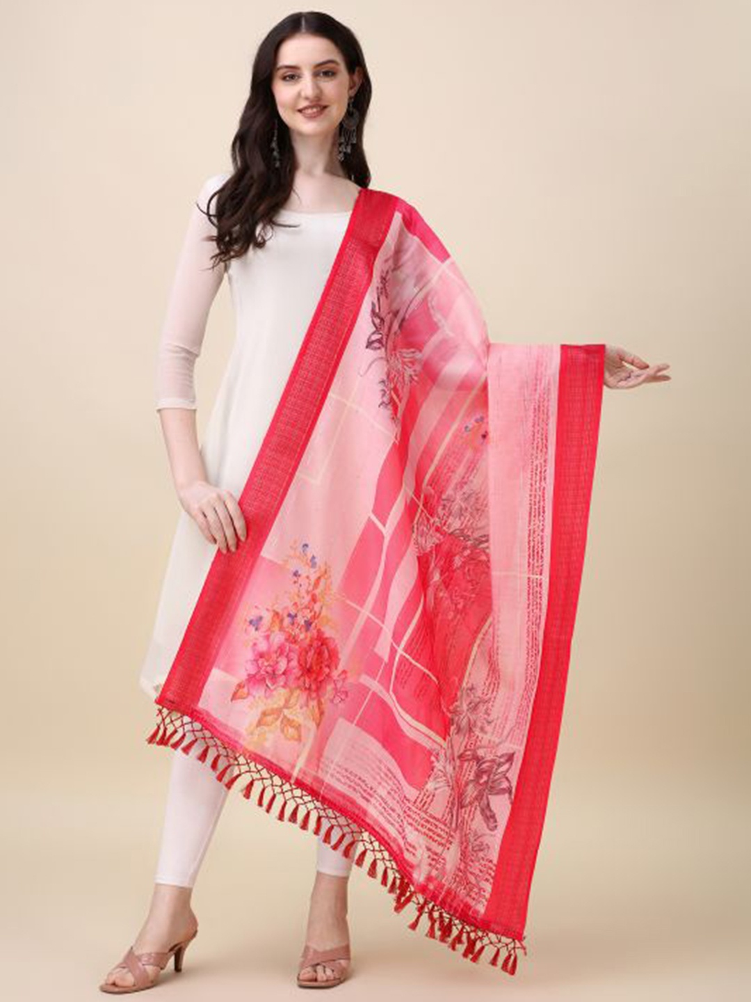 

Dori Floral Printed Dupatta, Red