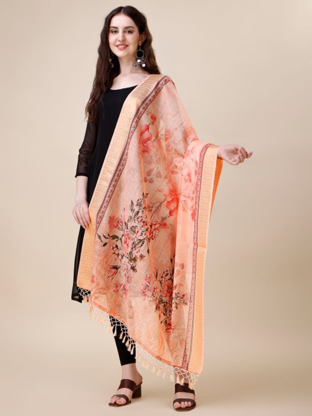 

Dori Floral Printed Dupatta, Coral