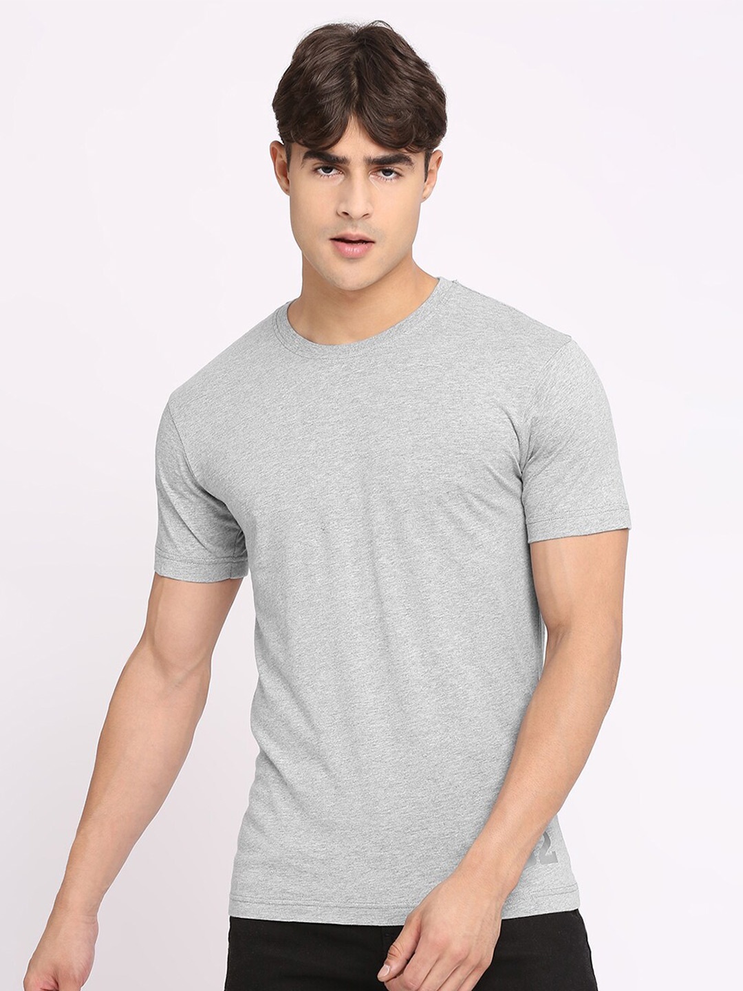 

FRENCHIE Men Cotton Round Neck T-shirt, Grey melange
