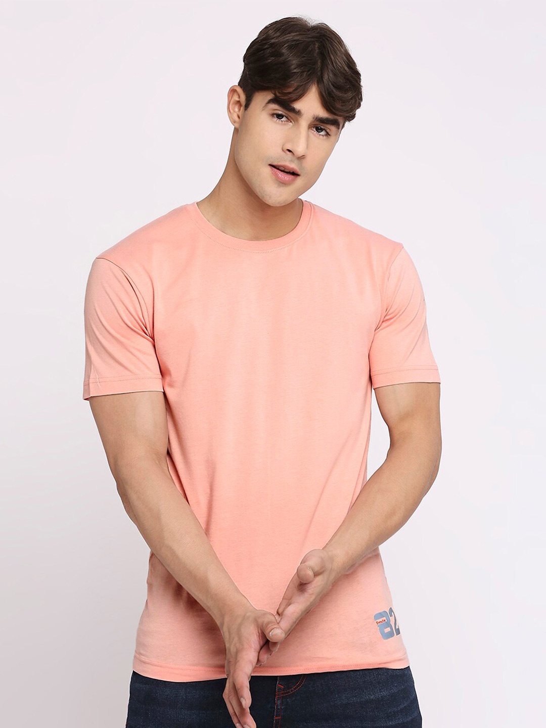 

FRENCHIE Cotton Round Neck T-Shirt, Peach