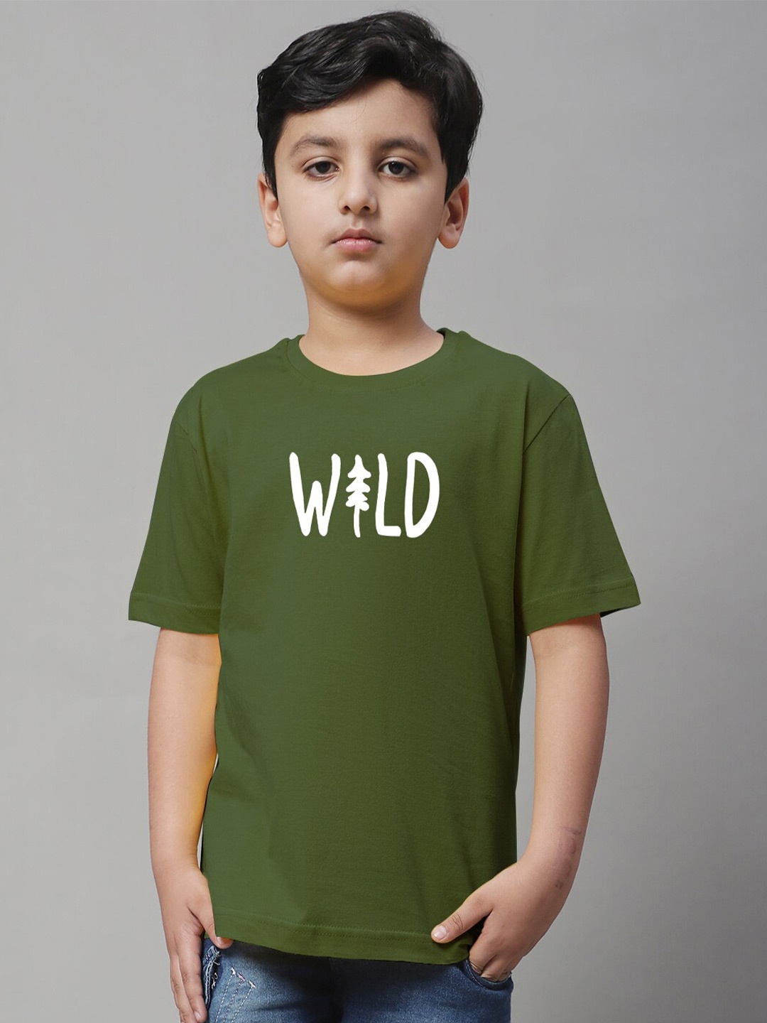 Friskers Boys Knitted Typography Printed Regular-Fit Cotton T-shirt, Olive