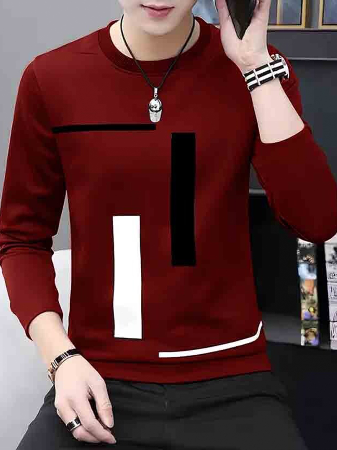 

Kushi Flyer Men Striped Long Sleeves Cotton T-shirt, Maroon