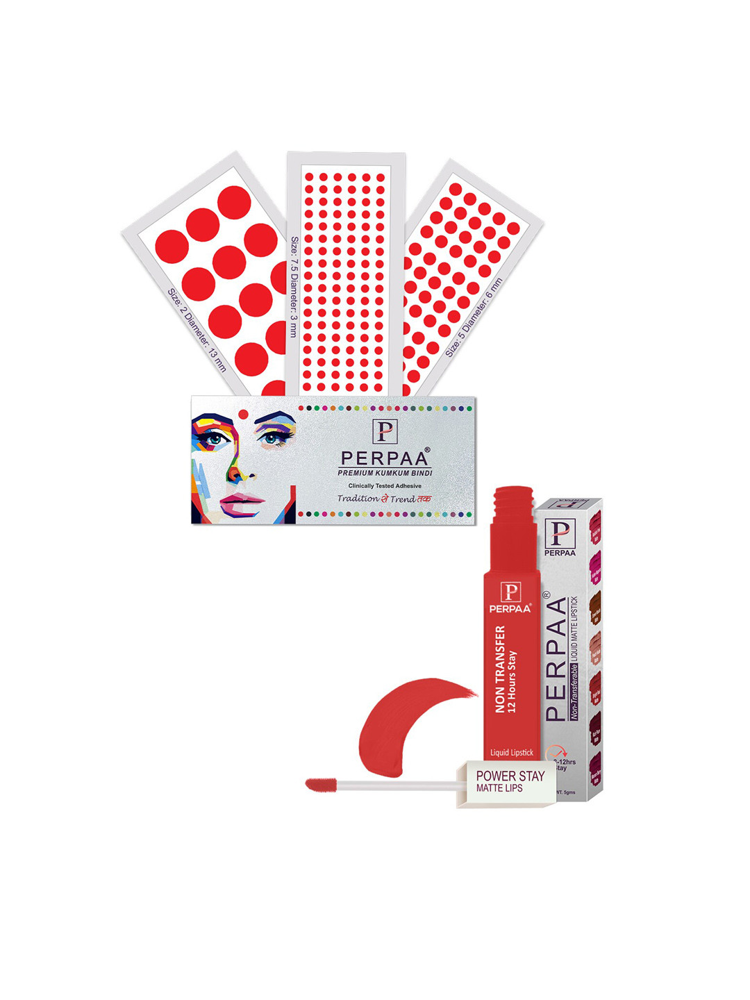 

PERPAA Power Stay Non Transfer Lipstick-01 & Set of 3 Premium Red Bindis - Size 7.5,02,05