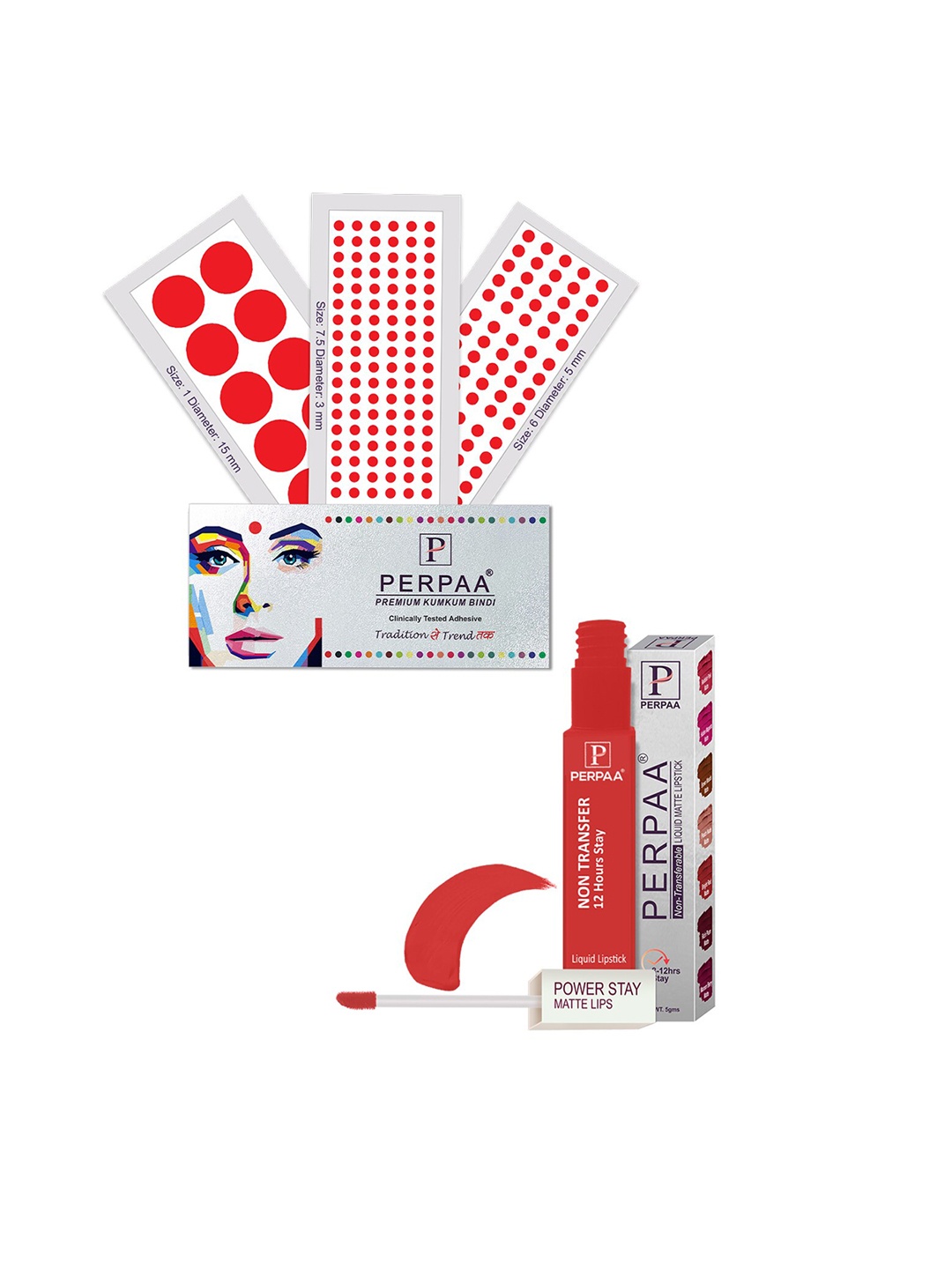 

PERPAA Power Stay Non Transfer Lipstick-01 & Set of 3 Premium Red Bindis - Size 7.5,01,06