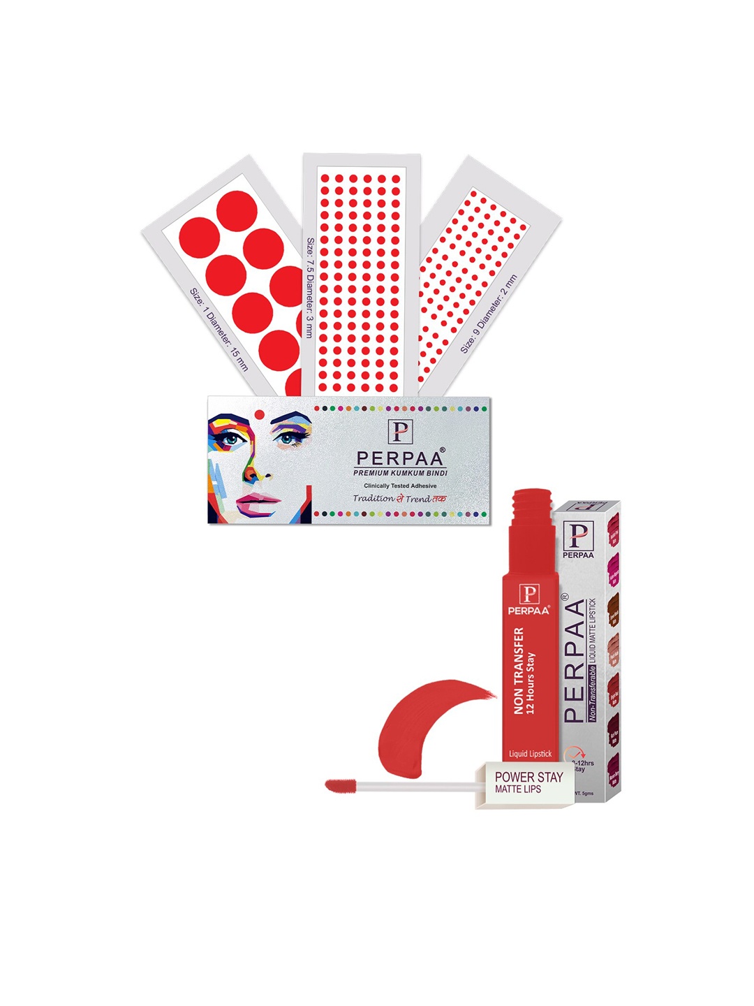 

PERPAA Power Stay Non Transfer Lipstick-01 & Set of 3 Premium Red Bindis- Size 7.5,01,09