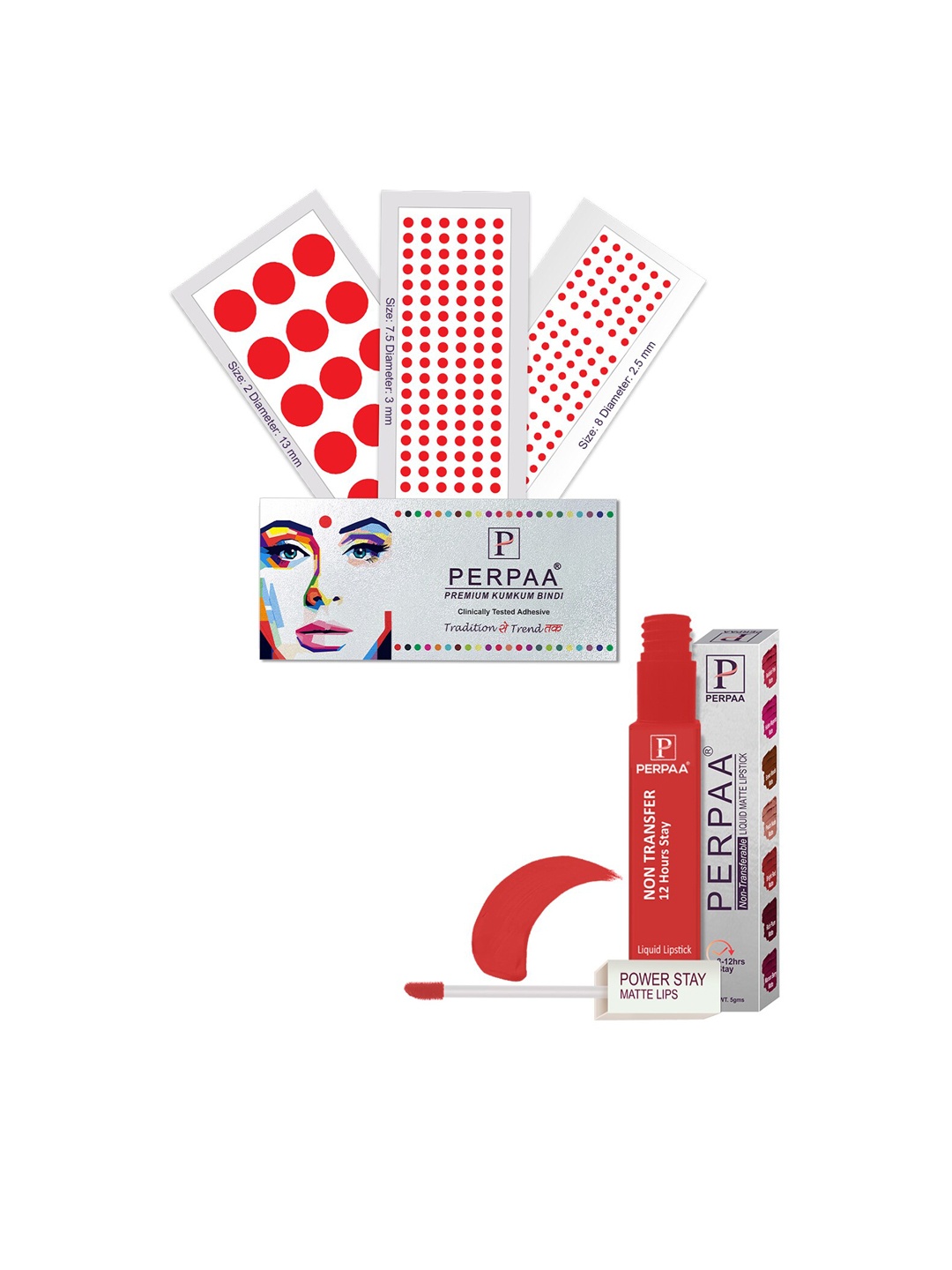 

PERPAA Power Stay Non Transfer Lipstick-01 & Set of 3 Premium Red Bindis - Size 7.5,02,08