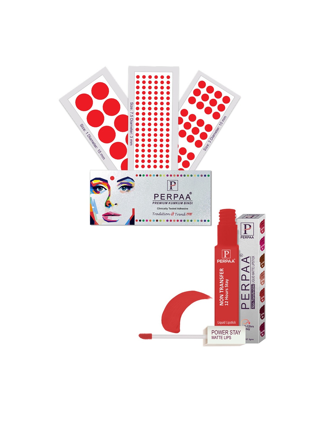 

PERPAA Power Stay Non Transfer Lipstick-01 & Set of 3 Premium Red Bindis - Size 7.5,01,03