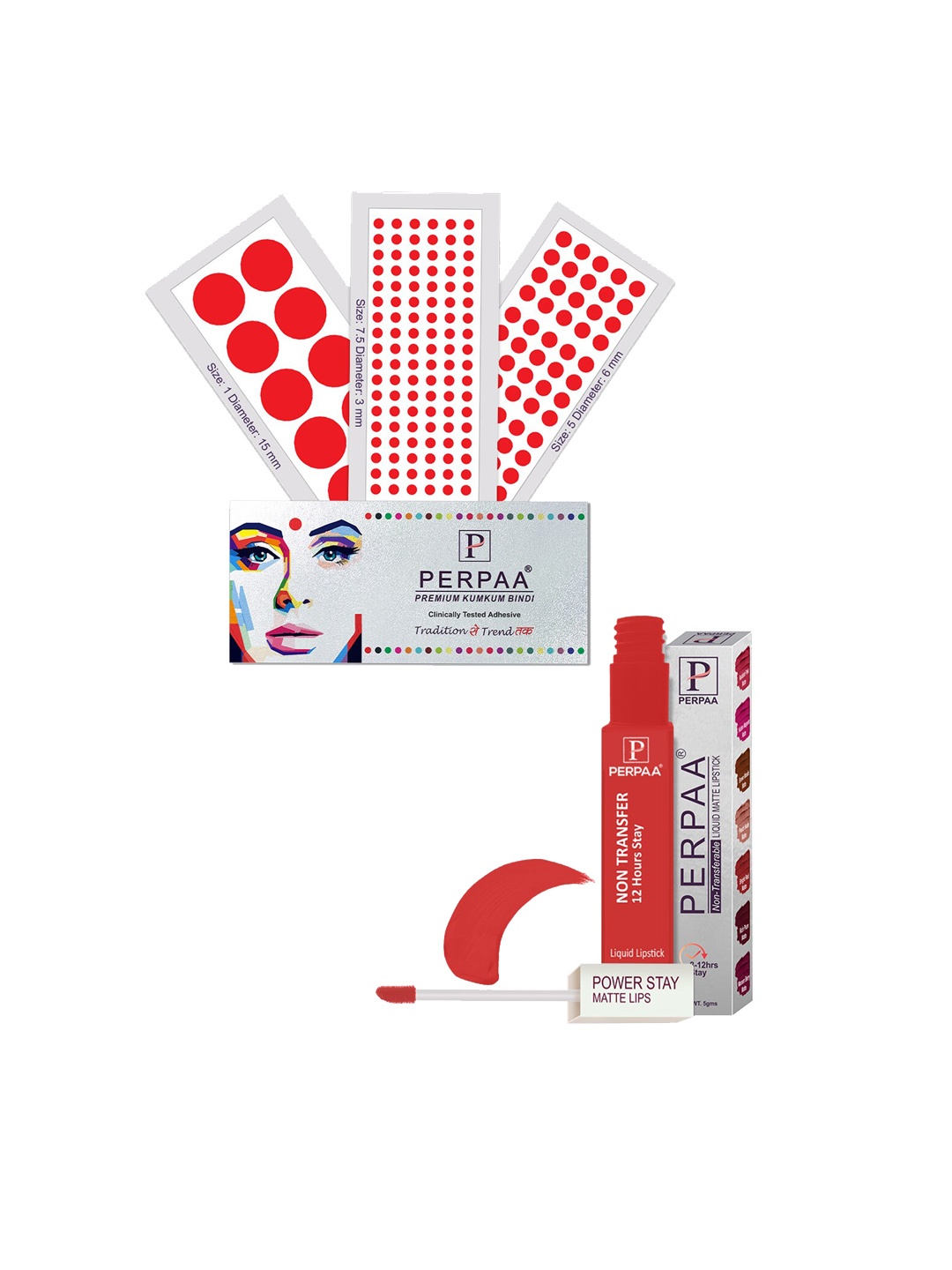 

PERPAA Power Stay Non Transfer Lipstick - Shade 01 & Set of 3 Premium Red Bindis