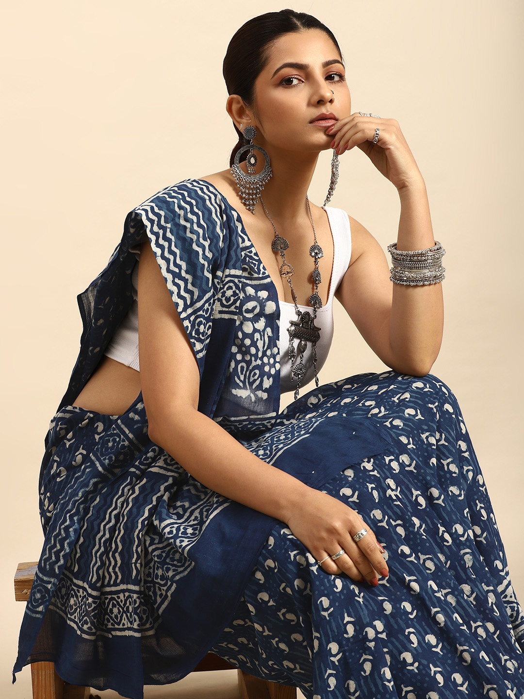 

Taavi Ethnic Motifs Pure Cotton Block Print Indigo Saree, Navy blue