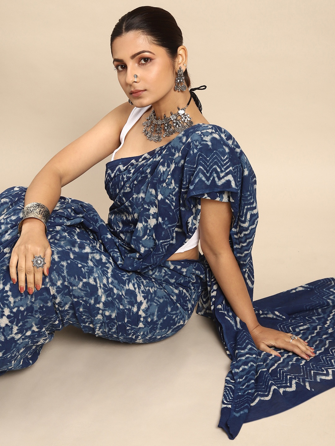 

Taavi Floral Pure Cotton Block Print Saree, Blue