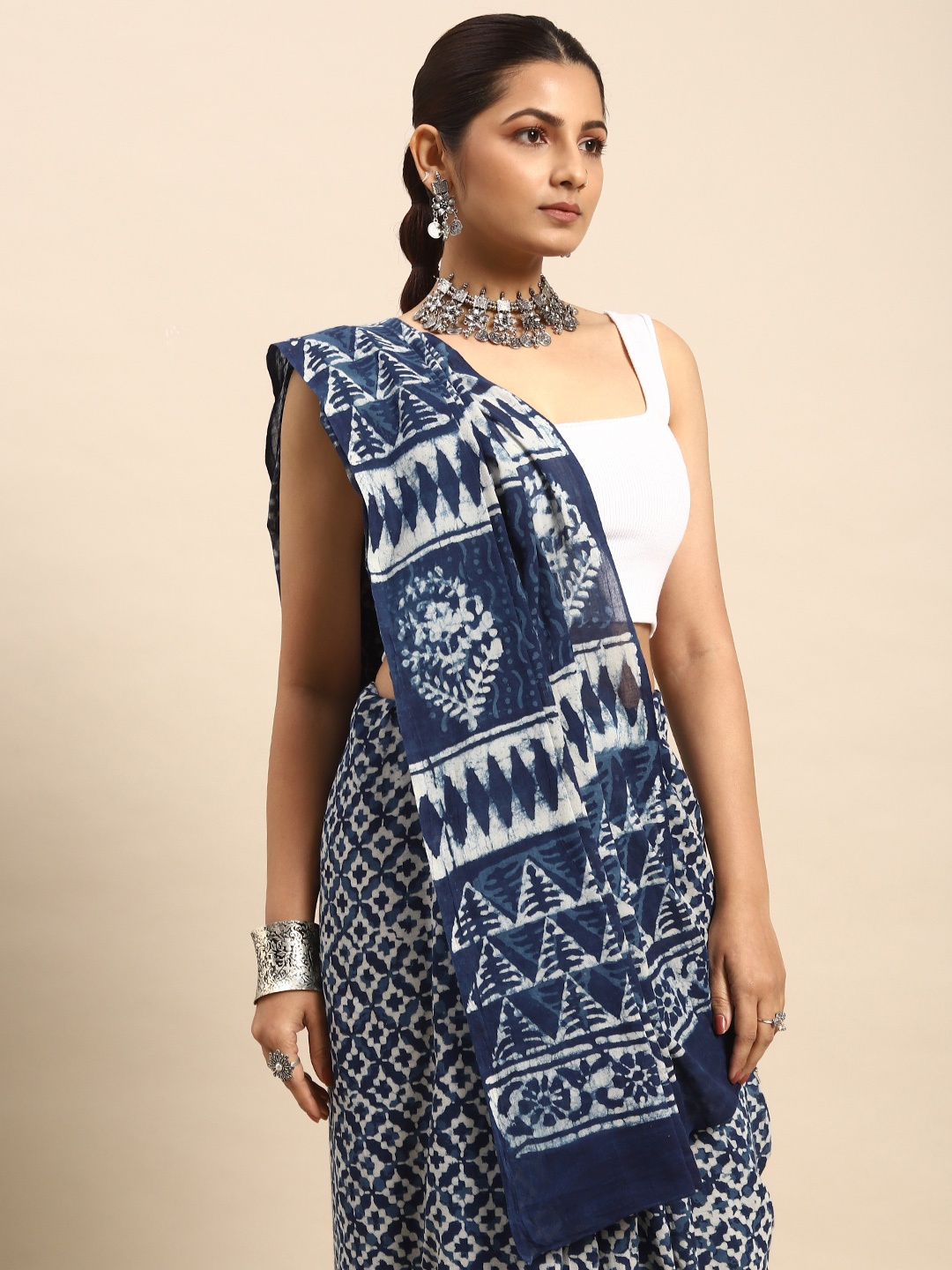 

Taavi Ethnic Motifs Pure Cotton Indigo Block Print Saree, Navy blue