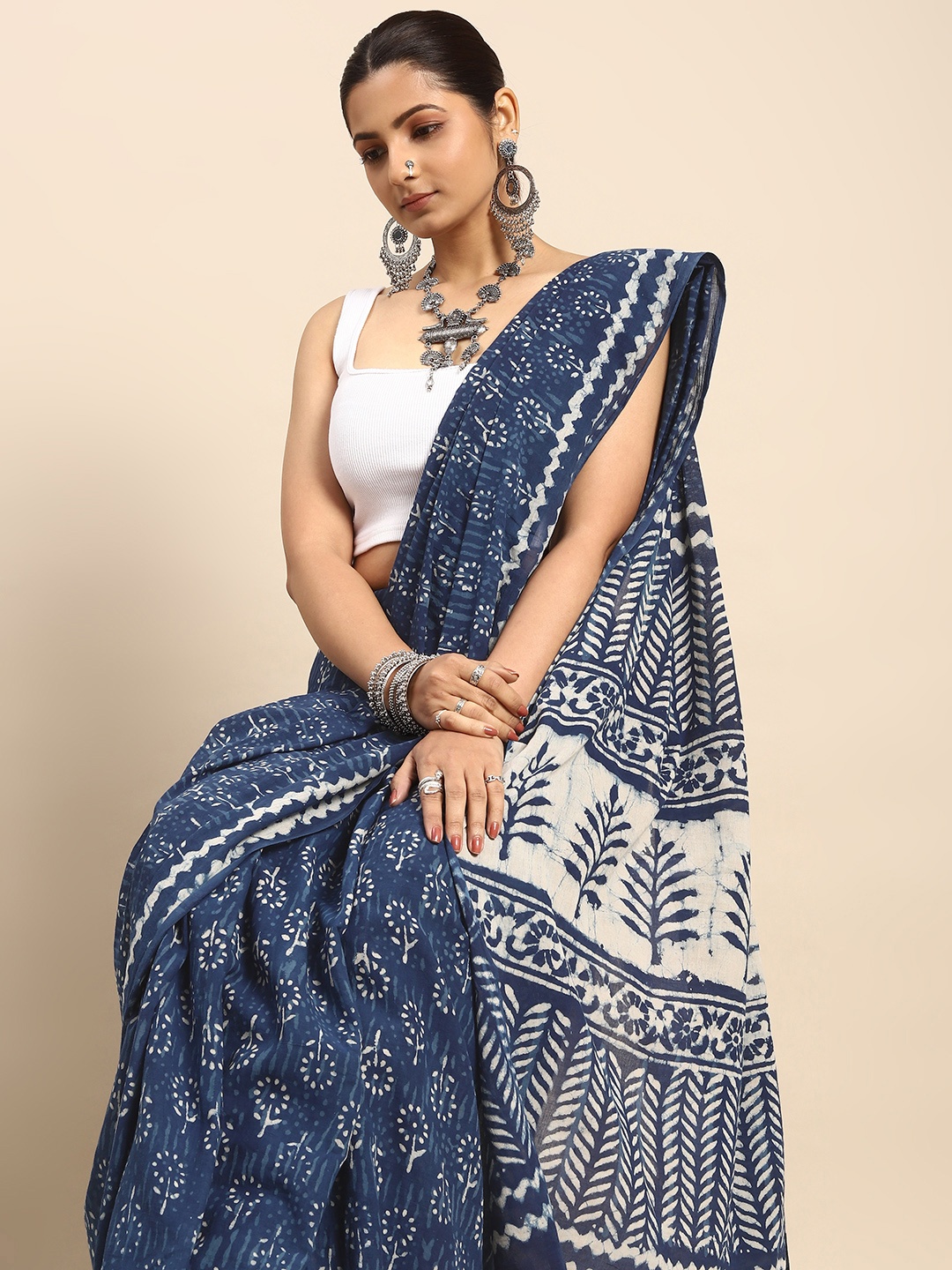 

Taavi Ethnic Motifs Pure Cotton Block Print Indigo Saree, Navy blue
