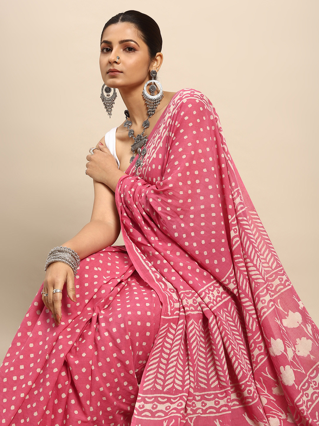 

Taavi Dabu Pure Cotton Block Print Saree, Pink