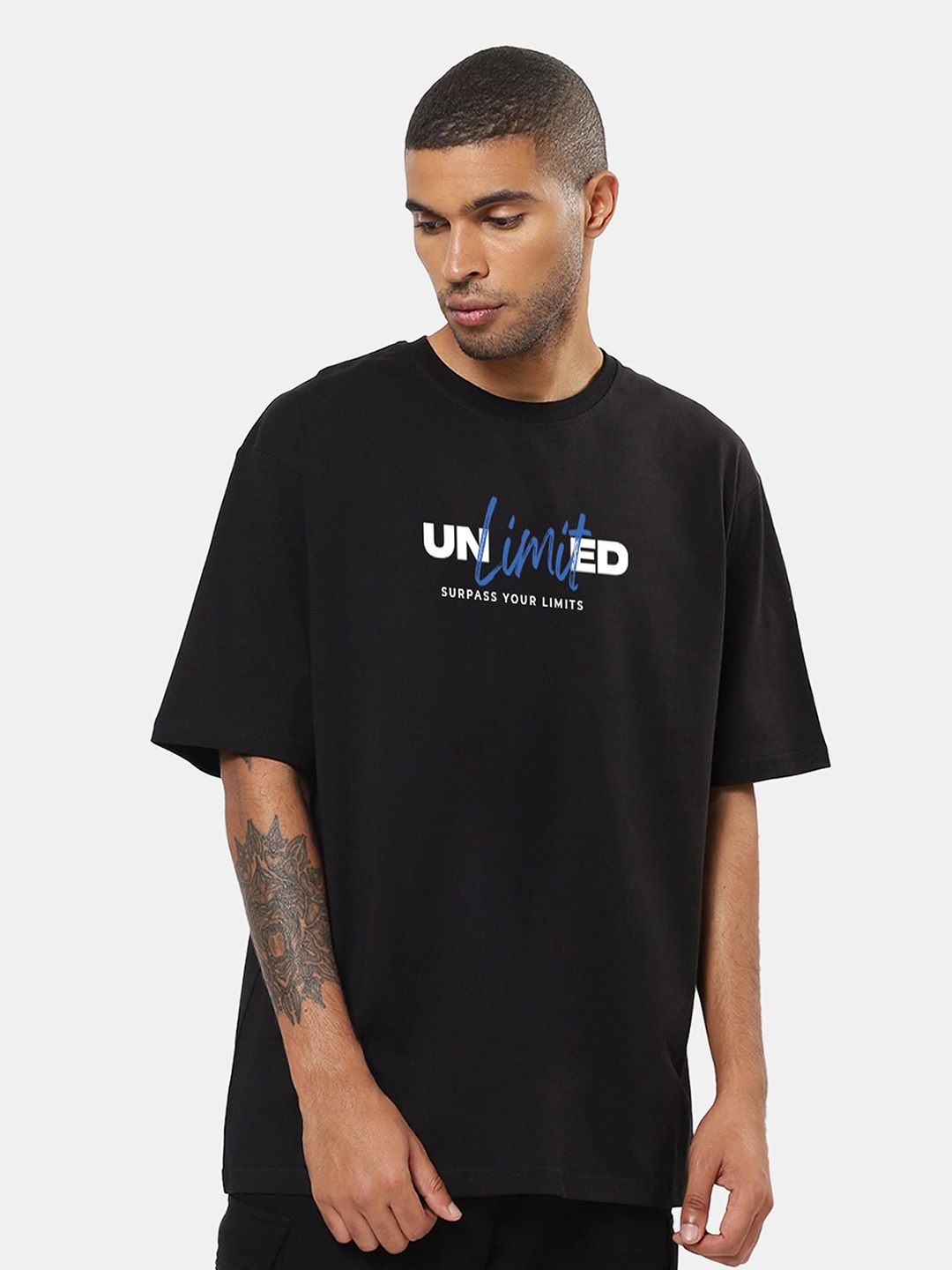 

Mad Over Print Oversized Typography Printed Cotton Knitted T-shirt, Black