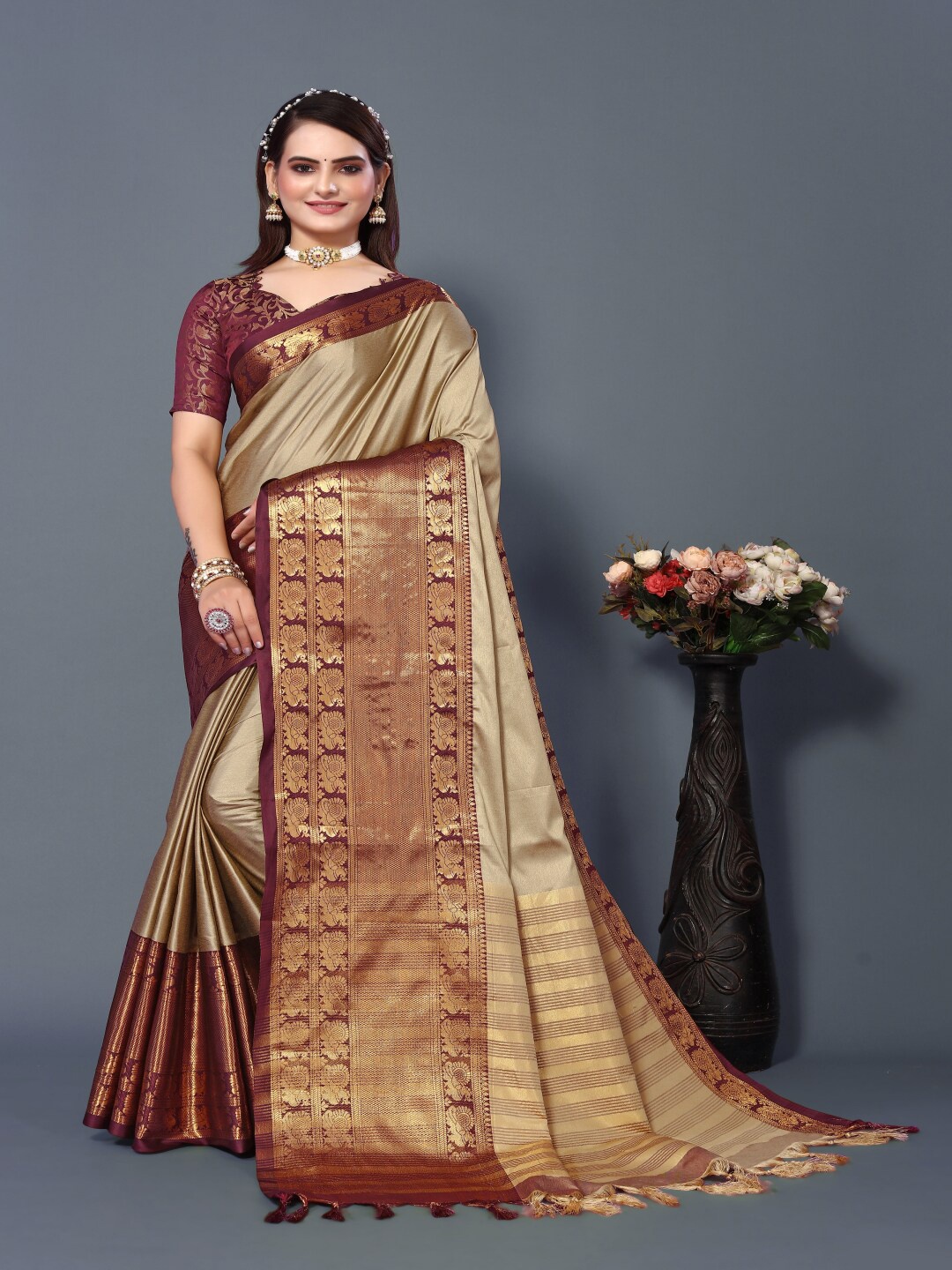 

Paramparik Textile Ethnic Motifs Woven Design Zari Silk Cotton Saree, Beige