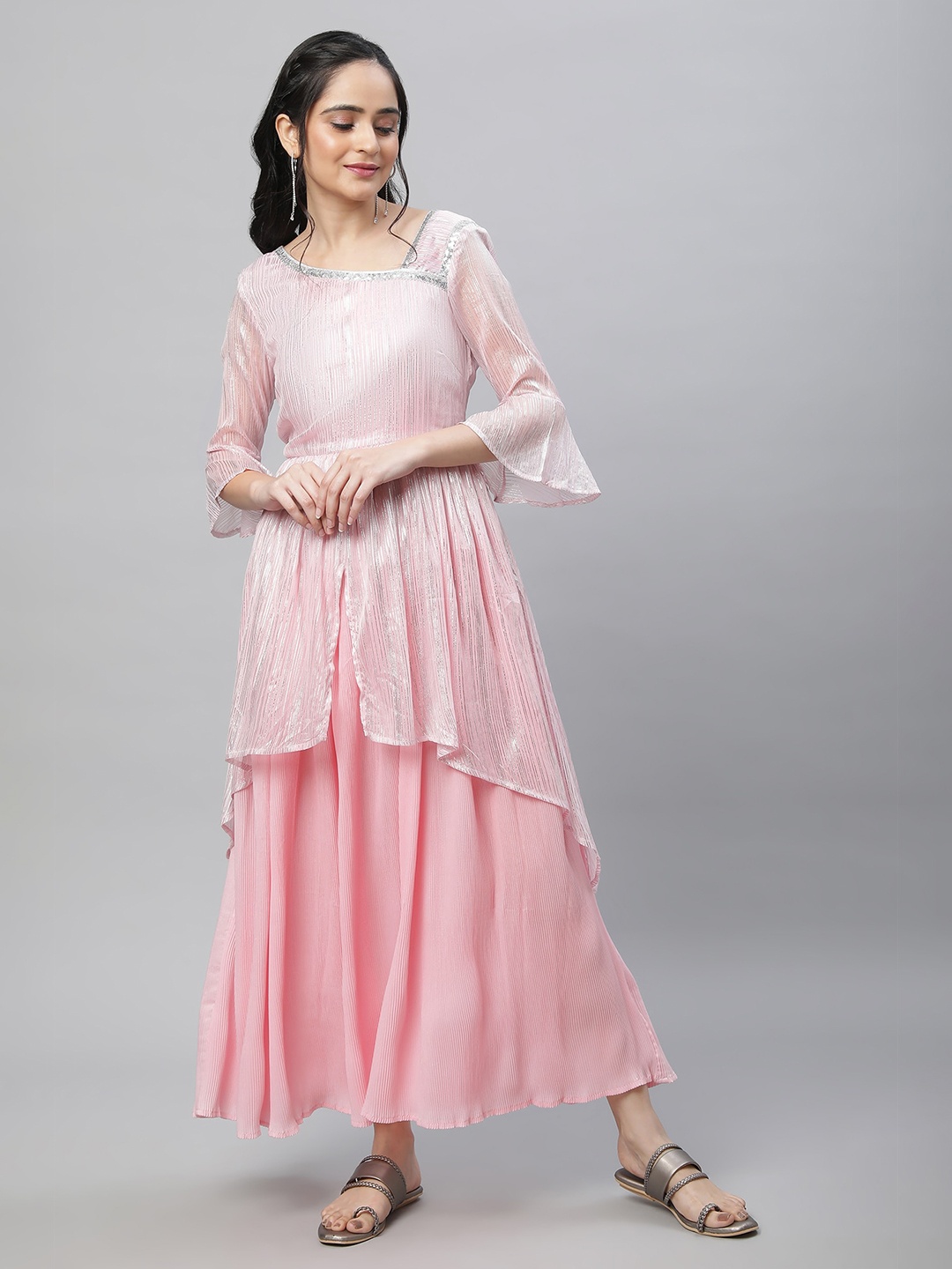 

AURELIA Asymmetric Neck Bell Sleeve Layered Fit & Flare Maxi Ethnic Dress, Pink