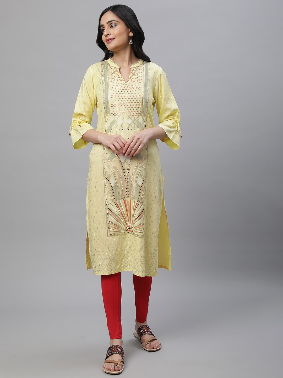 

AURELIA Geometric Printed Straight Kurta, Yellow
