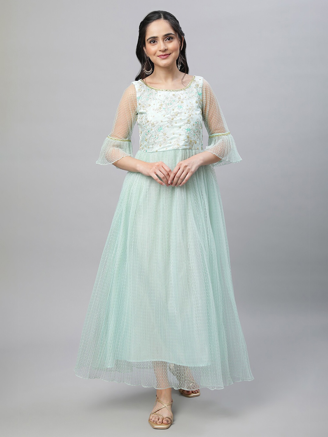 

AURELIA Self Design Bell Sleeve Sequined Fit & Flare Maxi Ethnic Dress, Green