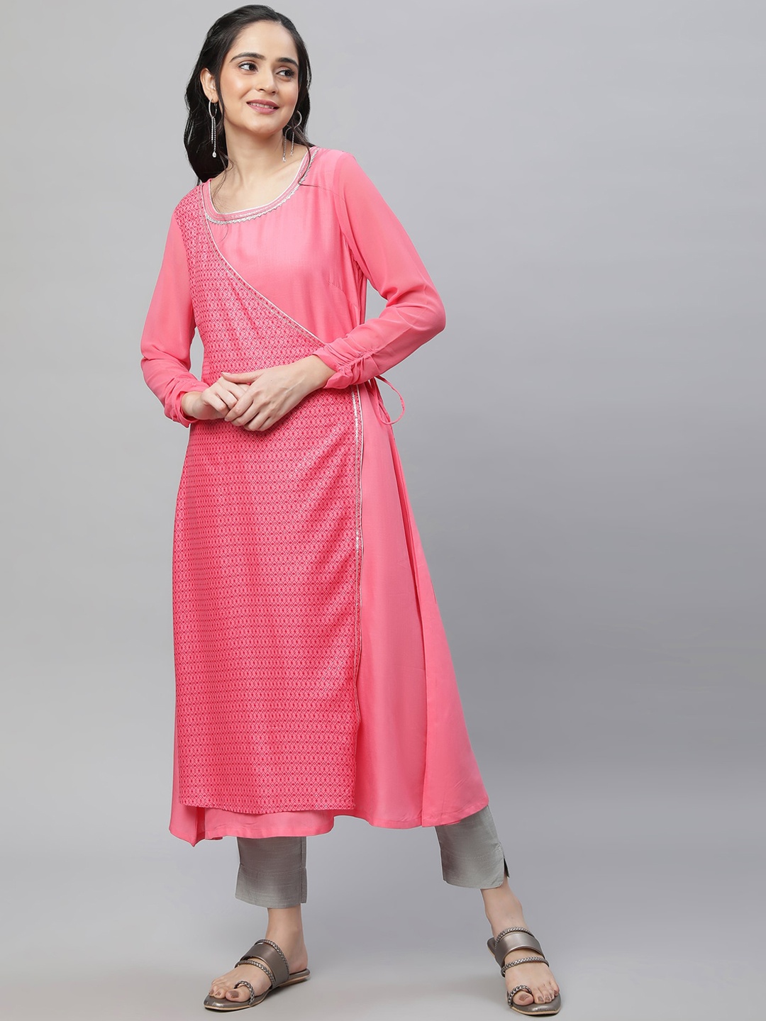 

AURELIA Geometric Printed Sequinned Embroidered Angrakha Style Kurta, Pink
