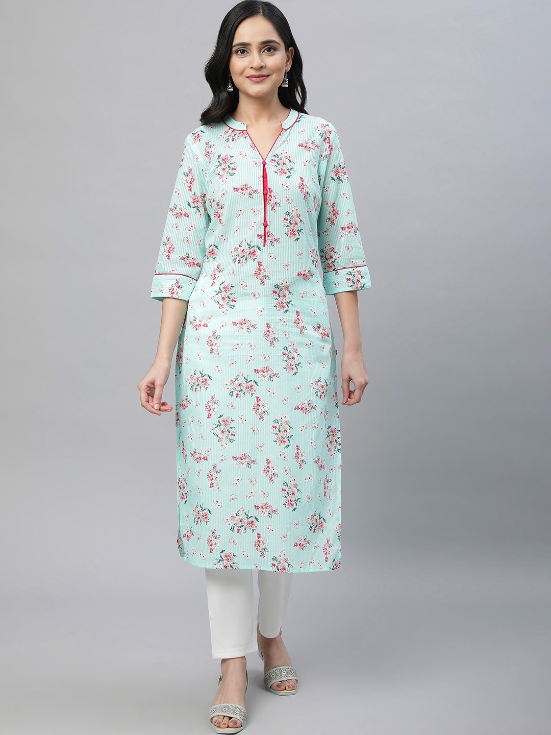 

AURELIA Floral Printed Mandarin Collar Pure Cotton Straight Kurta, Green