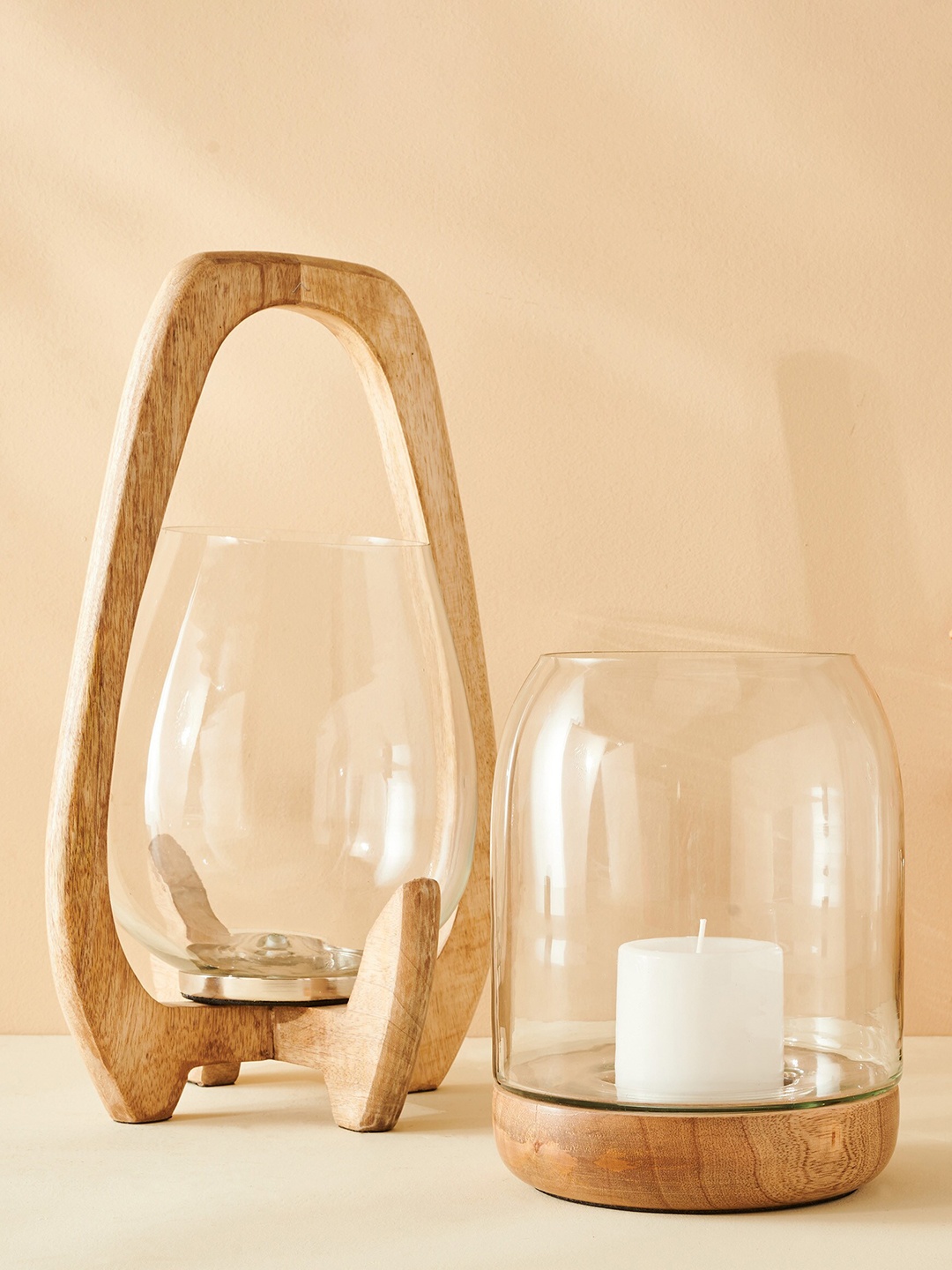 

Home Centre Brown & Transparent Hurricane With Wooden Base Candle Holder