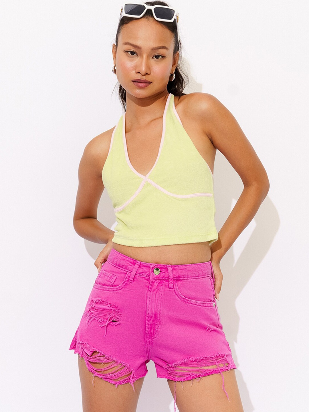

FREAKINS Women Pink Distressed High-Rise Pure Cotton Denim Shorts