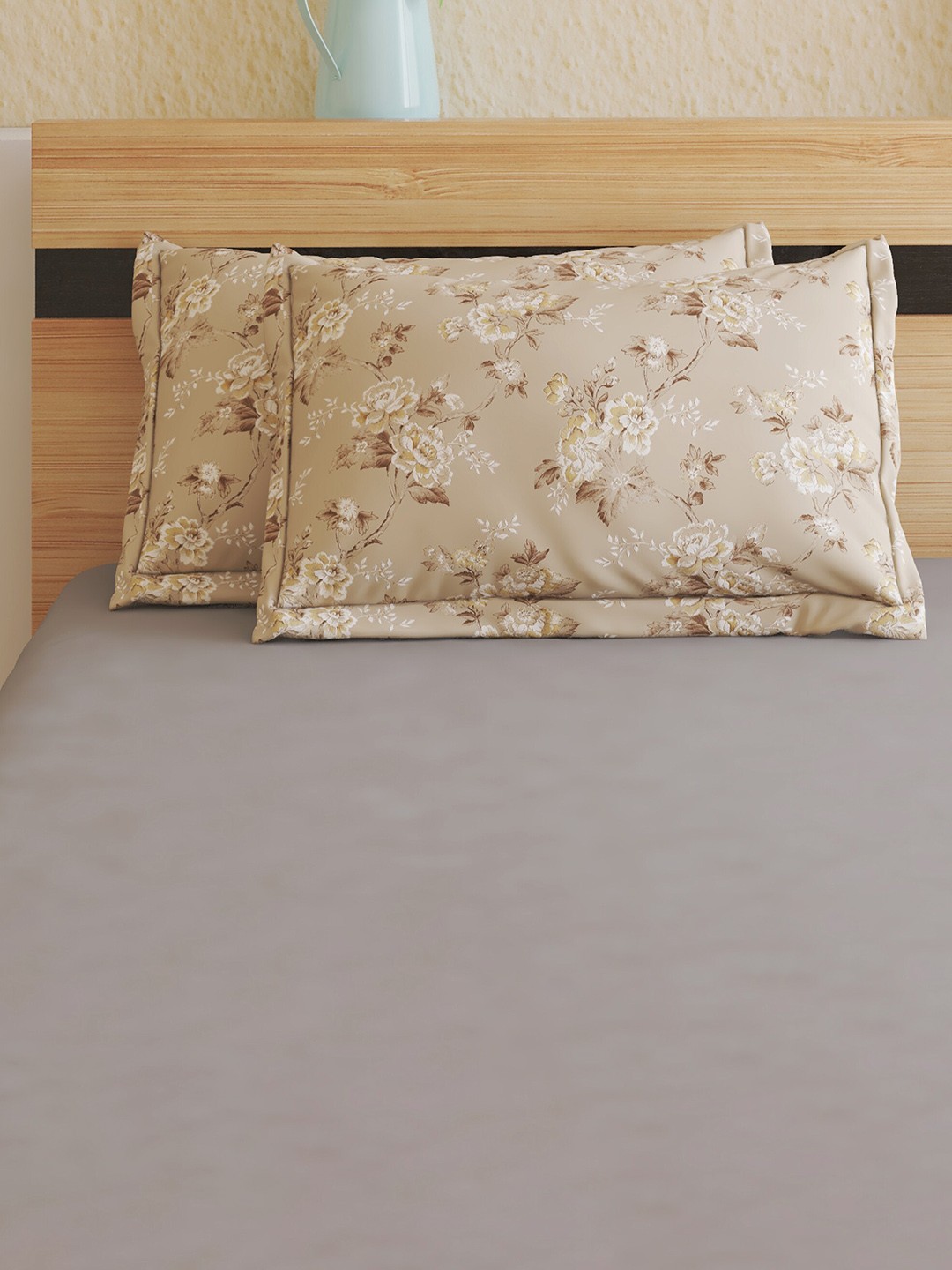 

Home Centre Grandeur Beige & White 2 Pieces Floral Printed Cotton Pillow Covers