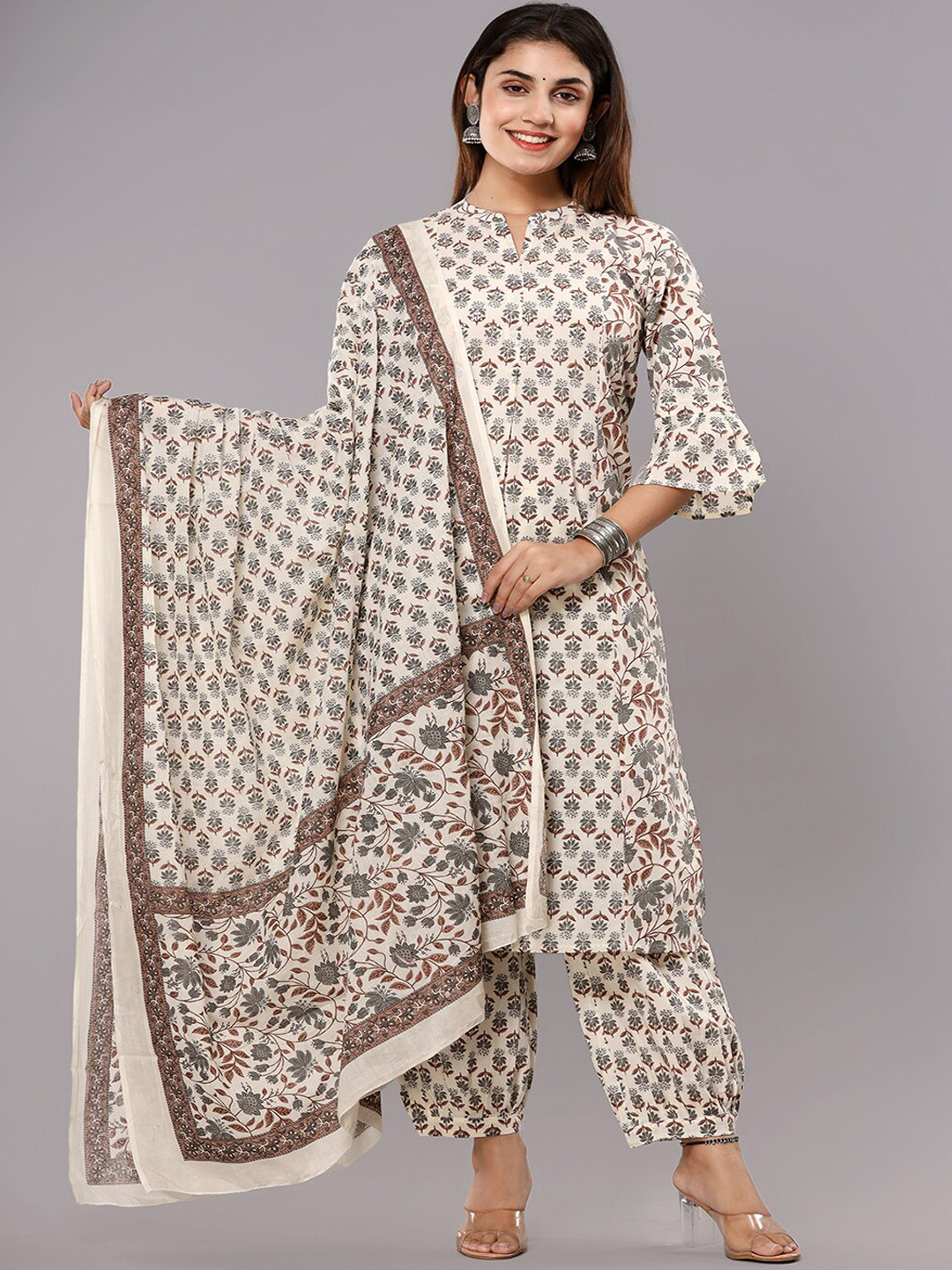 

gvs shoppe Floral Printed Pure Cotton Kurta & Salwar With Dupatta, Brown