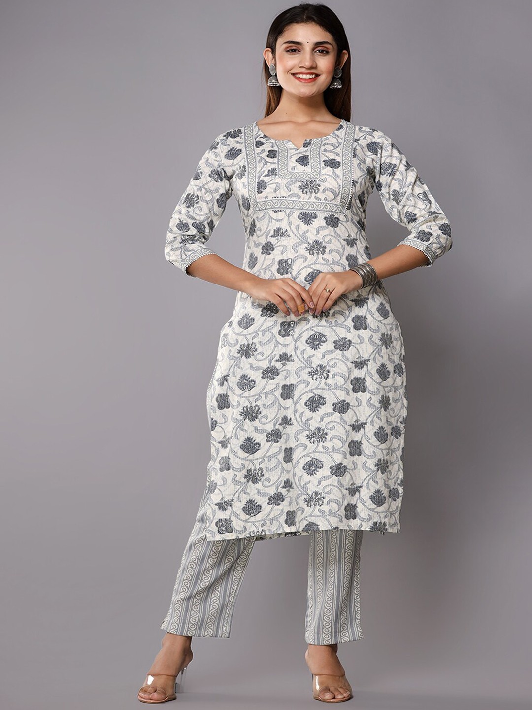 

gvs shoppe Floral Printed Pure Cotton Regular Kurta with Palazzos, Grey
