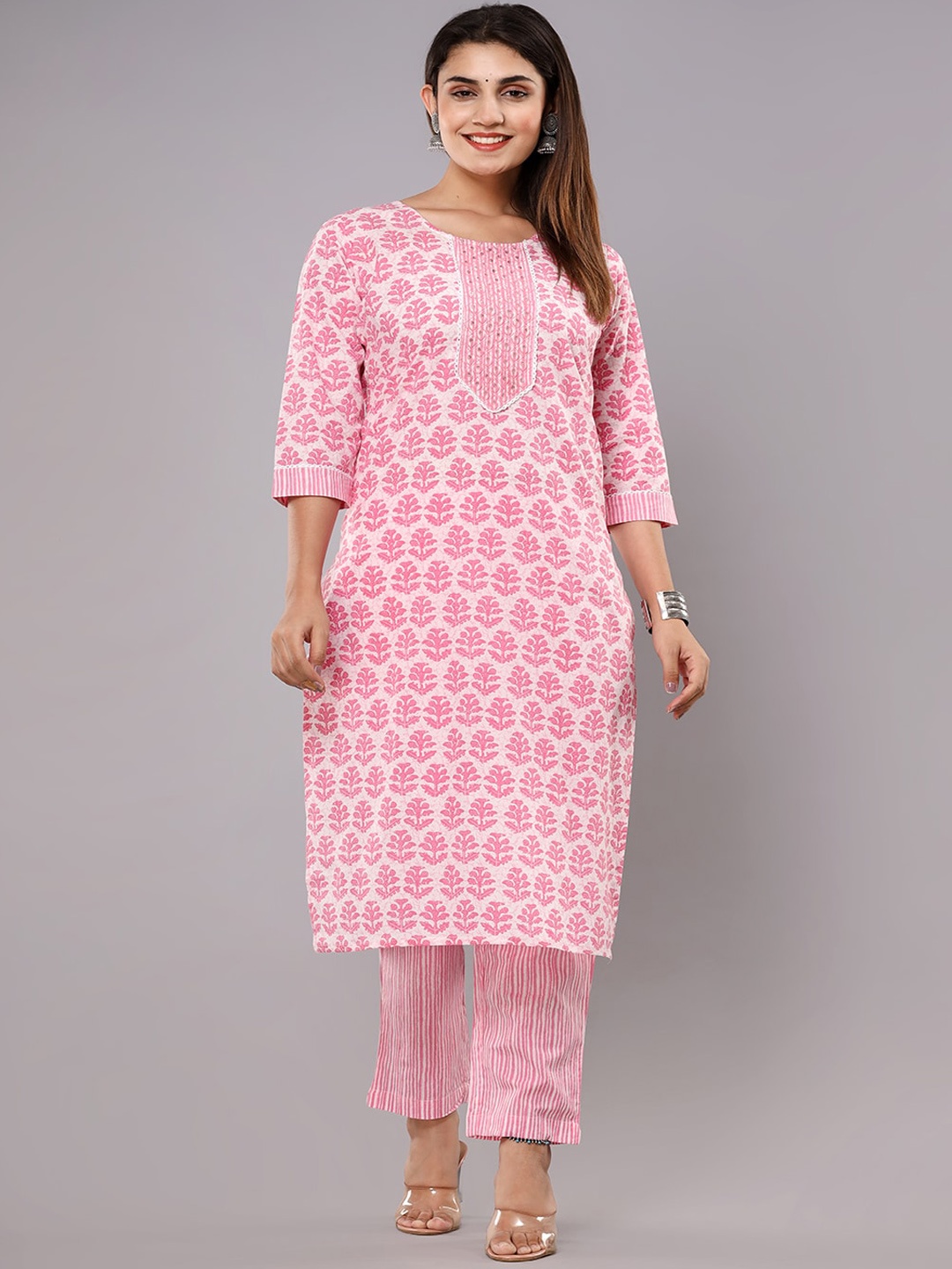 

gvs shoppe Ethnic Motifs Printed Pure Cotton Kurta & Trousers With Dupatta, Pink