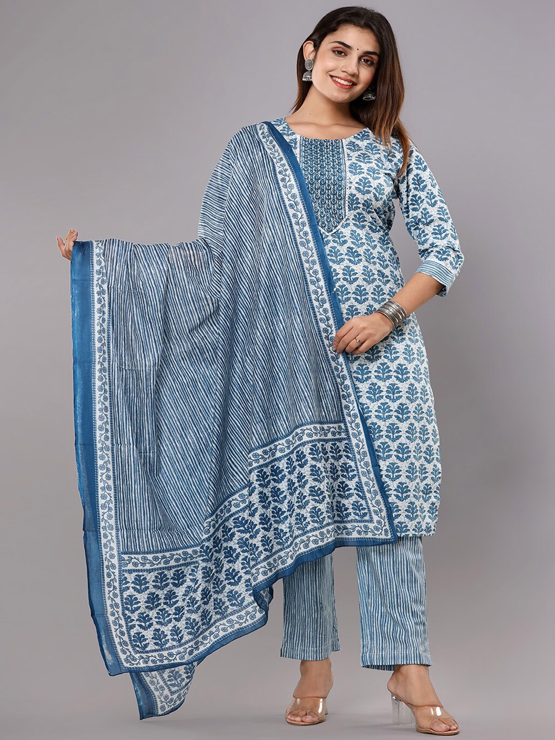 

gvs shoppe Ethnic Printed Sequinned Detail Pure Cotton Kurta & Trousers With Dupatta, Blue