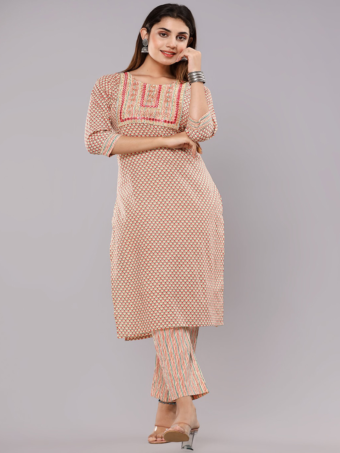 

gvs shoppe Ethnic Motif Printed Mirror Work Detail Pure Cotton Kurta with Trousers, Peach